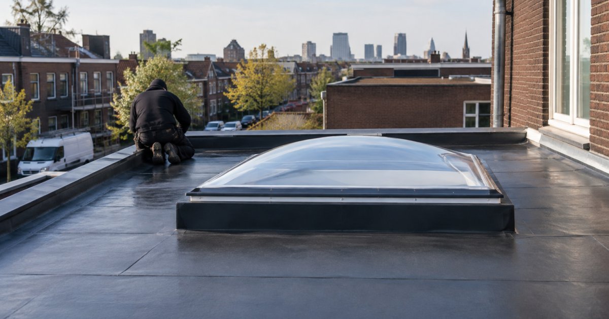 Dakdekker werkt op een plat dak naast een grote lichtkoepel